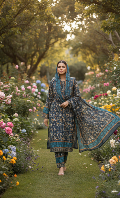 Sophisticated Dark Teal Crepe Silk Shalwar Kameez with Dupatta - Embroidered Floral Suit for Formal, Wedding & Party in UK | Pakistani Suits
