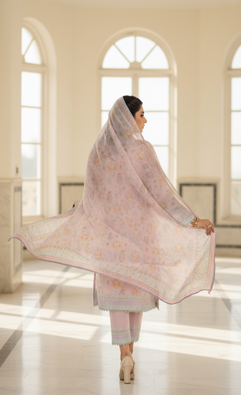 Ethereal Pale Pink Crepe Silk Suit with Lavender Dupatta - Embroidered Floral Design for Formal, Wedding & Party in UK | Pakistani Suits