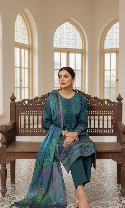 Luxurious Deep Teal Crepe Silk Suit with Dupatta - Embroidered Floral Print for Formal, Wedding & Party in UK | Pakistani Suits - Ibrahimis