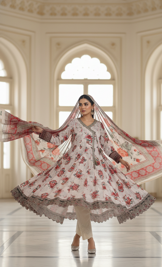 Elegant White Crepe Angrakha Frock with Dupatta - Embroidered Floral Suit for Wedding, Eid & Formal Party in UK | Pakistani Suits