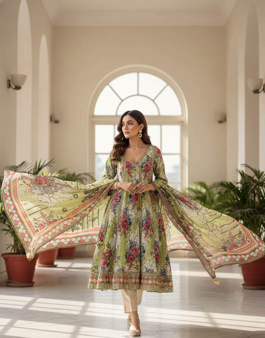 Stunning Lime Green Crepe Angrakha Frock with Dupatta - Embroidered Floral Suit for Wedding, Eid & Formal Party in UK | Pakistani Suits