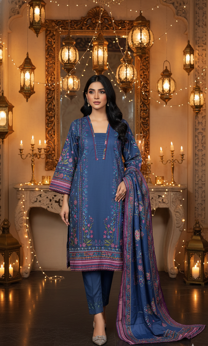 Exquisite Deep Blue Crepe Silk Shalwar Kameez with Dupatta - Printed Floral Suit for Eid, Wedding & Party  in UK | Pakistani Suits - Ibrahimis