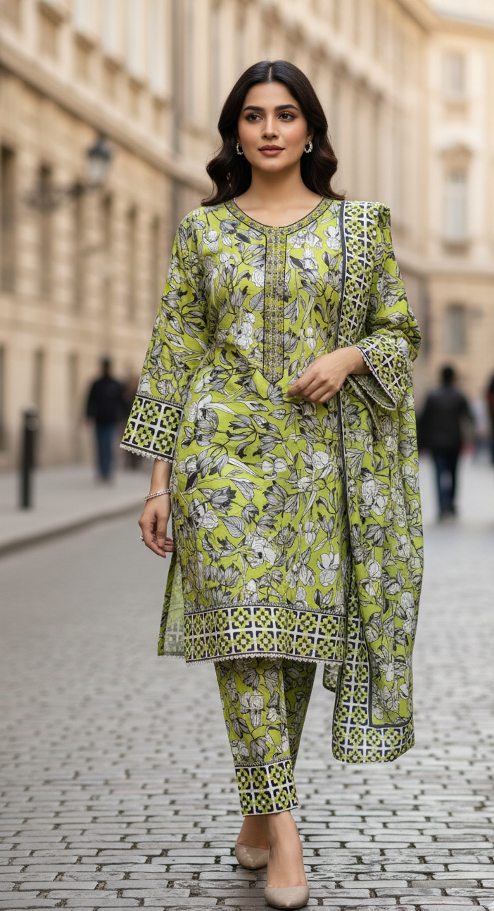 Vibrant Lime Green Crepe Silk Shalwar Kameez with Dupatta - Embroidered Floral Suit for Eid, Wedding & Party in UK | Pakistani Suits
