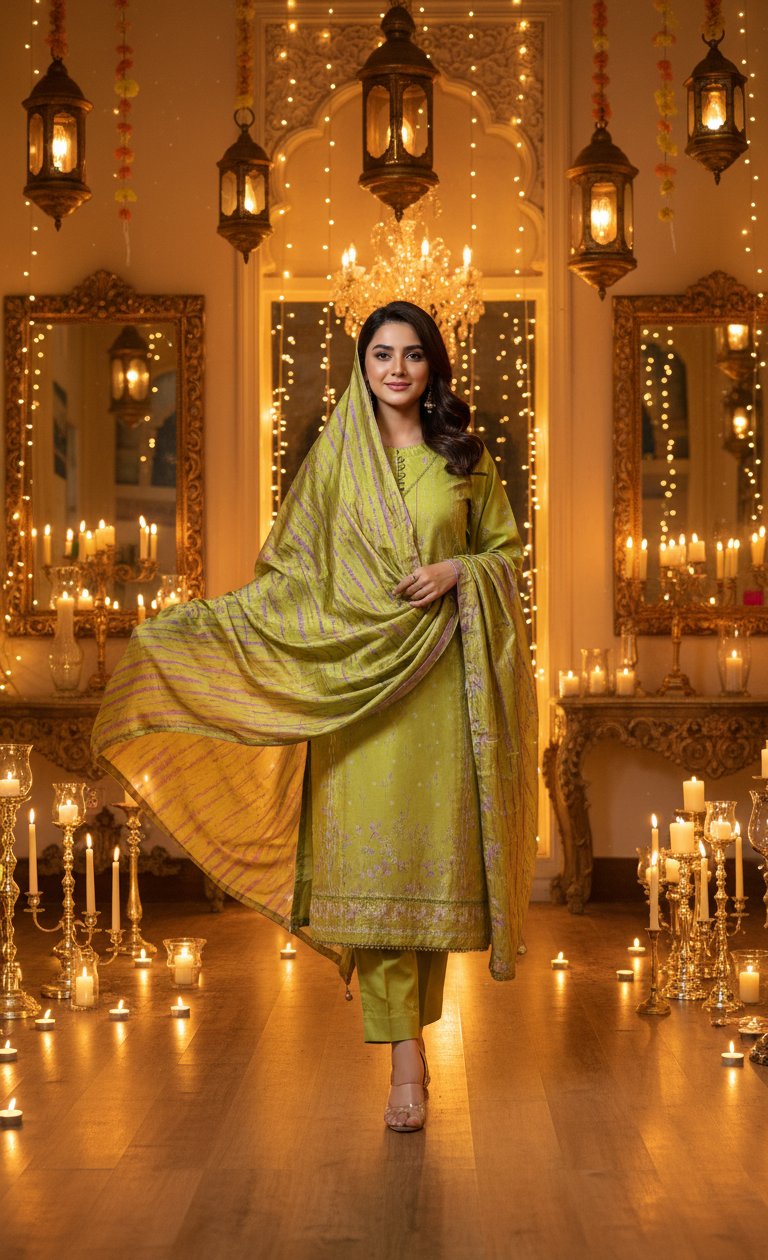 Vibrant Lime Green Crepe Silk Suit with Dupatta - Striped Print & Lace for Formal, Wedding & Party Wear in UK | Pakistani Suits