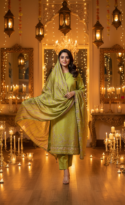 Vibrant Lime Green Crepe Silk Suit with Dupatta - Striped Print & Lace for Formal, Wedding & Party Wear in UK | Pakistani Suits