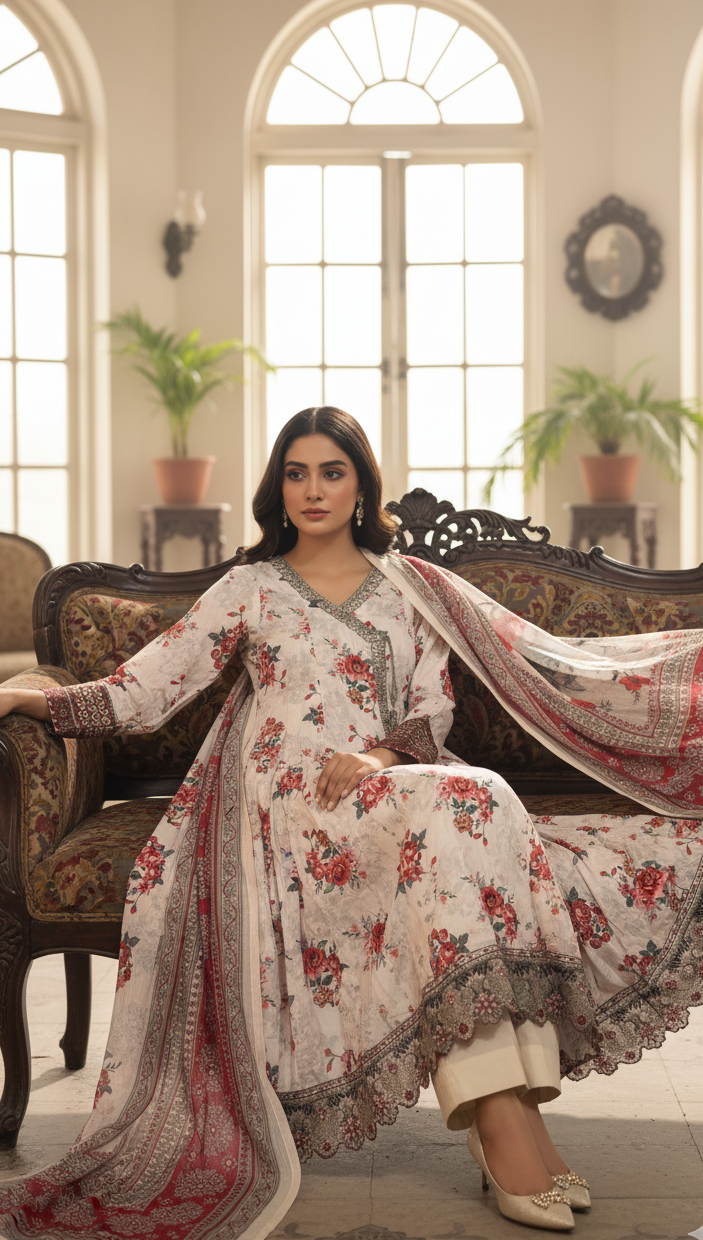 Elegant White Crepe Angrakha Frock with Dupatta - Embroidered Floral Suit for Wedding, Eid & Formal Party in UK | Pakistani Suits - Ibrahimis