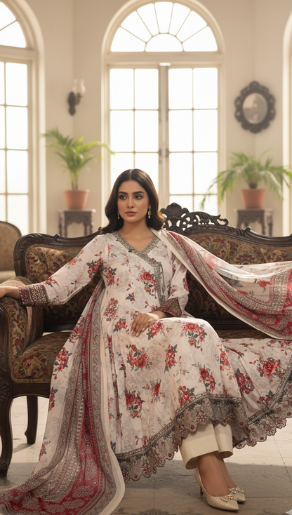 Elegant White Crepe Angrakha Frock with Dupatta - Embroidered Floral Suit for Wedding, Eid & Formal Party in UK | Pakistani Suits - Ibrahimis