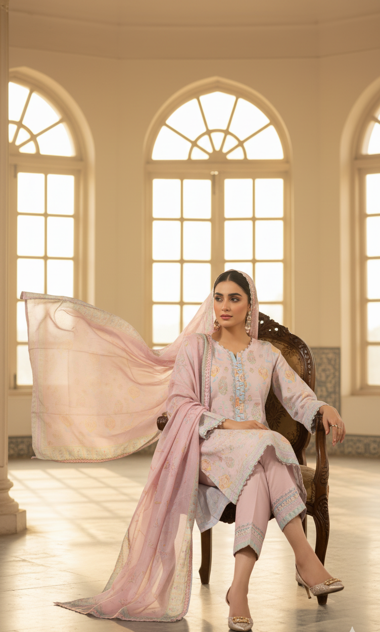 Ethereal Pale Pink Crepe Silk Suit with Lavender Dupatta - Embroidered Floral Design for Formal, Wedding & Party in UK | Pakistani Suits
