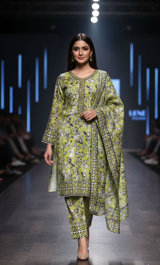 Vibrant Lime Green Crepe Silk Shalwar Kameez with Dupatta - Embroidered Floral Suit for Eid, Wedding & Party in UK | Pakistani Suits