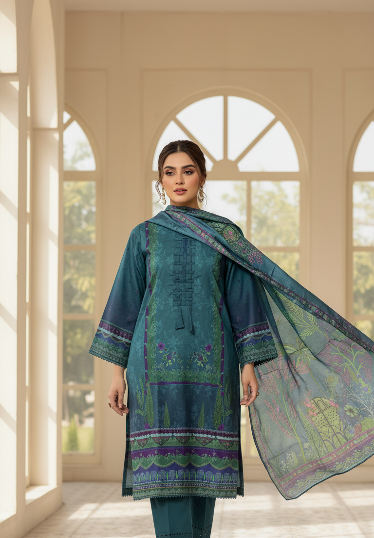 Luxurious Deep Teal Crepe Silk Suit with Dupatta - Embroidered Floral Print for Formal, Wedding & Party in UK | Pakistani Suits - Ibrahimis