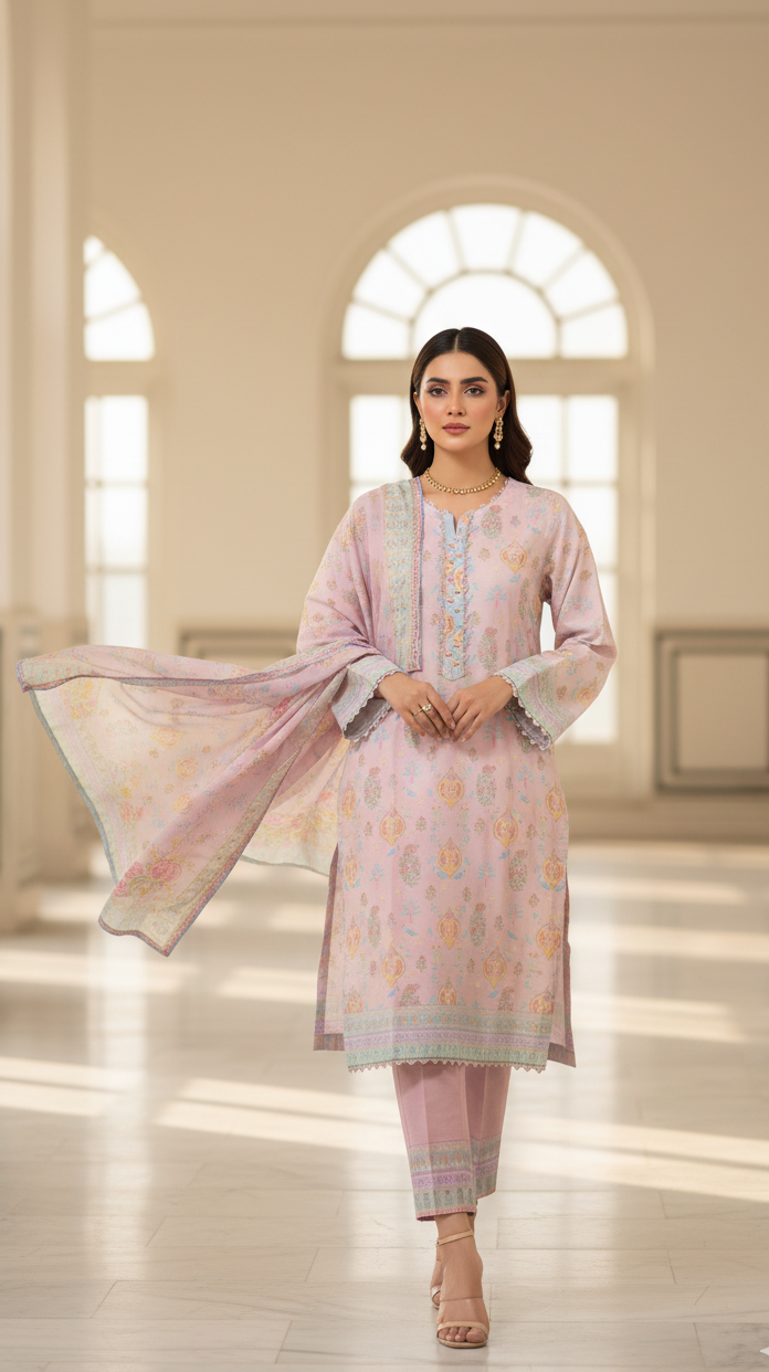 Ethereal Pale Pink Crepe Silk Suit with Lavender Dupatta - Embroidered Floral Design for Formal, Wedding & Party in UK | Pakistani Suits