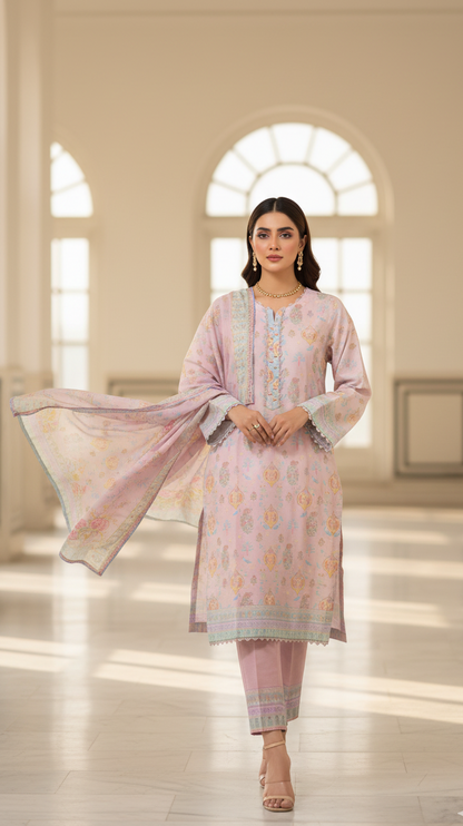 Ethereal Pale Pink Crepe Silk Suit with Lavender Dupatta - Embroidered Floral Design for Formal, Wedding & Party in UK | Pakistani Suits