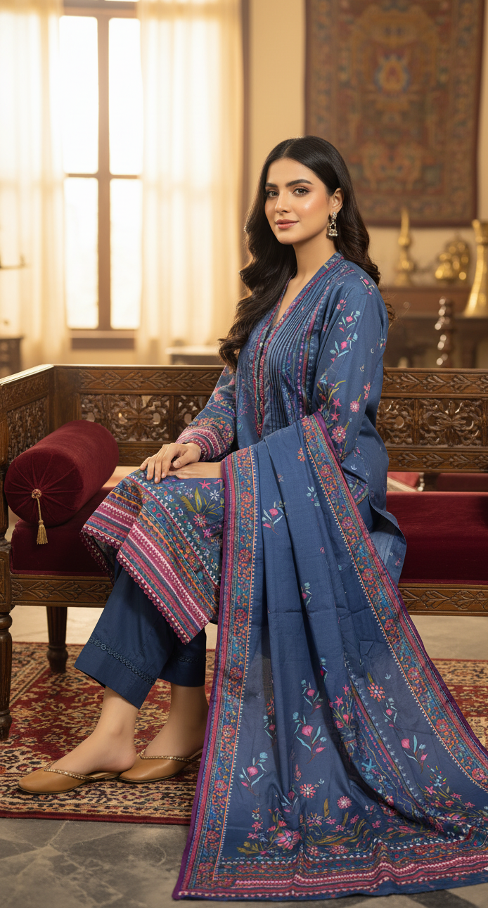 Exquisite Deep Blue Crepe Silk Shalwar Kameez with Dupatta - Printed Floral Suit for Eid, Wedding & Party  in UK | Pakistani Suits - Ibrahimis