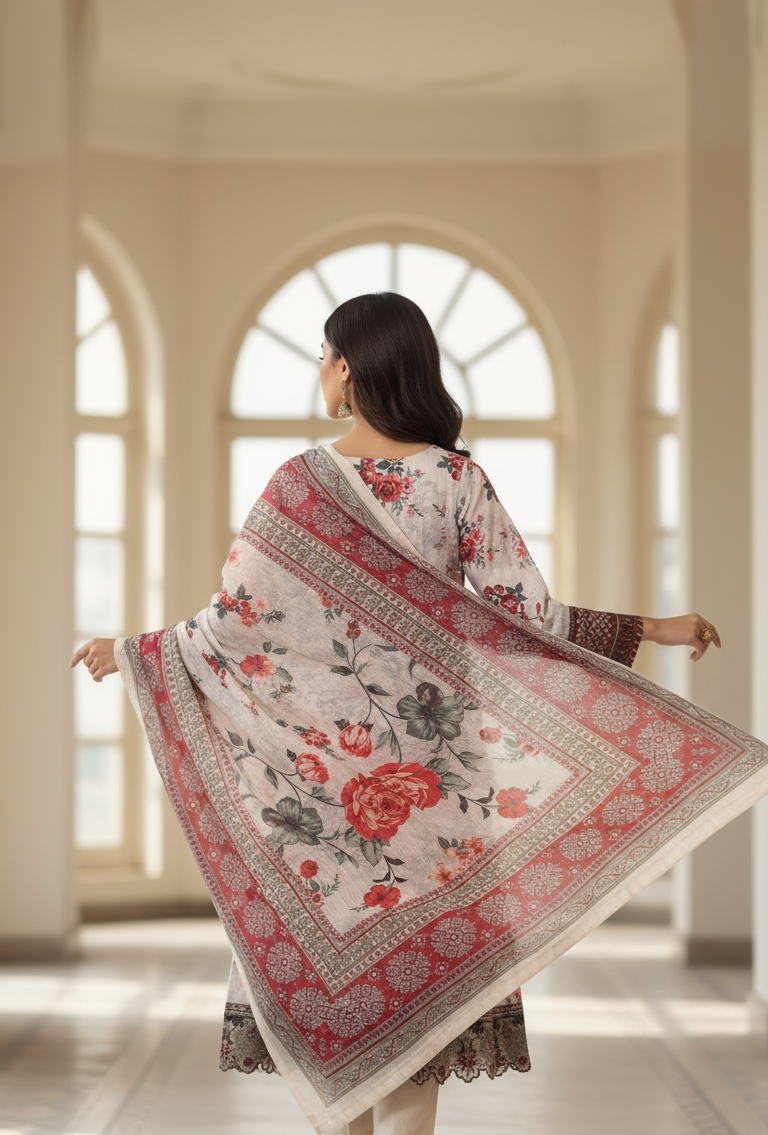 Elegant White Crepe Angrakha Frock with Dupatta - Embroidered Floral Suit for Wedding, Eid & Formal Party in UK | Pakistani Suits - Ibrahimis