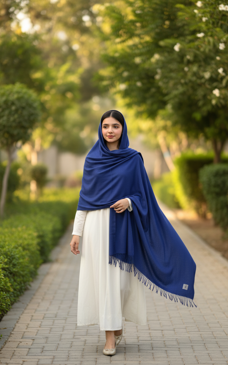 Luxury Royal Blue Pure Pashmina Wool Shawl/Stole with Fringed Edges UK | Pakistani Pashmi in UK | Pakistani Shawls & Stoles
