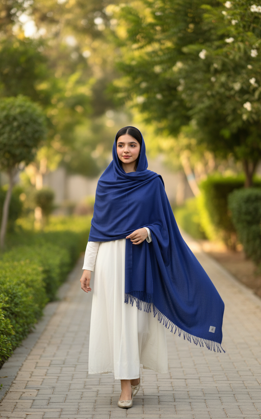 Luxury Royal Blue Pure Pashmina Wool Shawl/Stole with Fringed Edges UK | Pakistani Pashmi in UK | Pakistani Shawls & Stoles