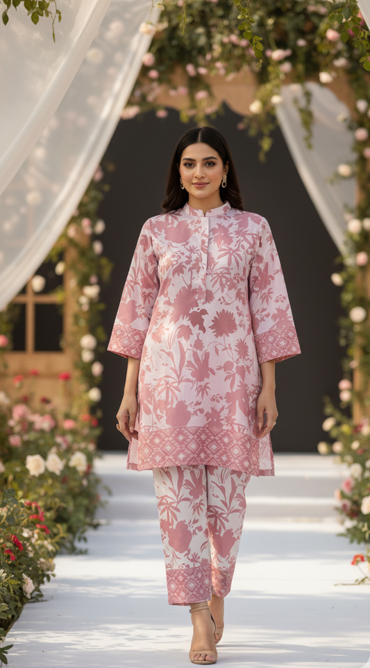 Chic Pink & White Silk Co-ord Set UK - Modern Floral Printed Shalwar Kameez for Casual & Formal Wear in UK | Pakistani Suits