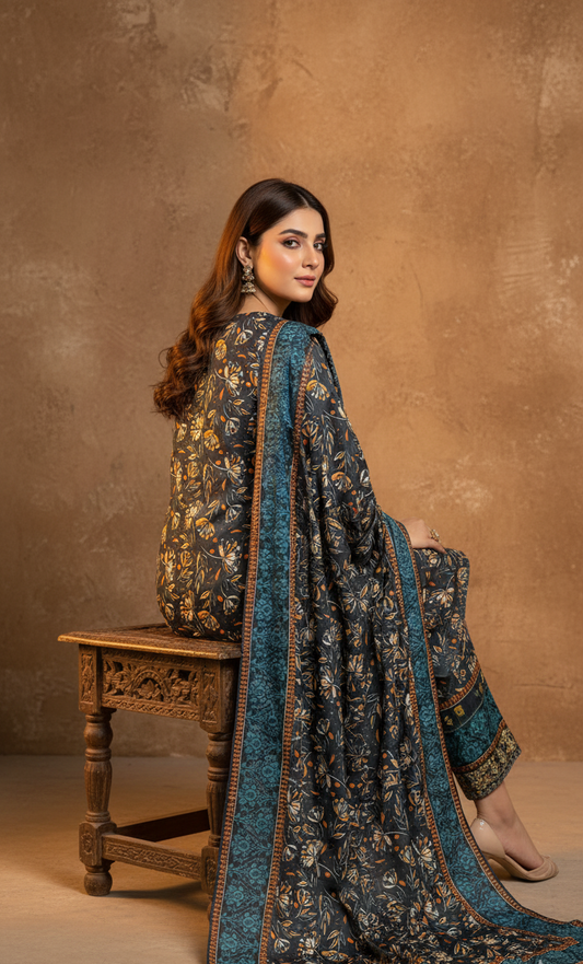 Sophisticated Dark Teal Crepe Silk Shalwar Kameez with Dupatta - Embroidered Floral Suit for Formal, Wedding & Party in UK | Pakistani Suits