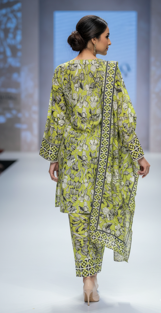 Vibrant Lime Green Crepe Silk Shalwar Kameez with Dupatta - Embroidered Floral Suit for Eid, Wedding & Party in UK | Pakistani Suits