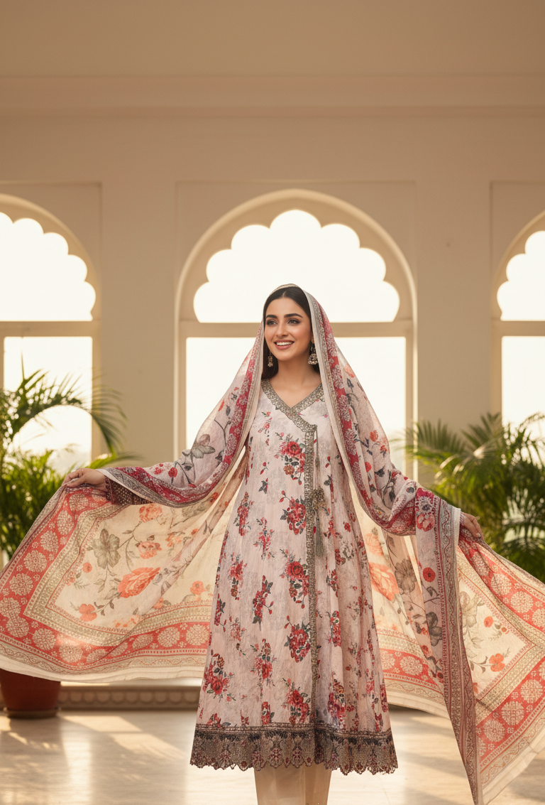 Elegant White Crepe Angrakha Frock with Dupatta - Embroidered Floral Suit for Wedding, Eid & Formal Party in UK | Pakistani Suits - Ibrahimis