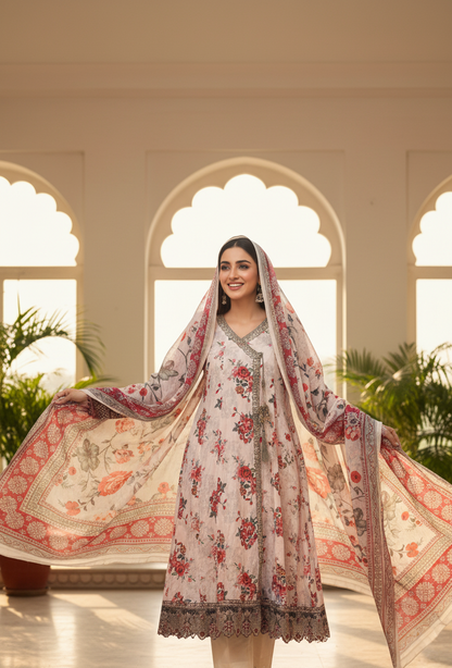 Elegant White Crepe Angrakha Frock with Dupatta - Embroidered Floral Suit for Wedding, Eid & Formal Party in UK | Pakistani Suits - Ibrahimis