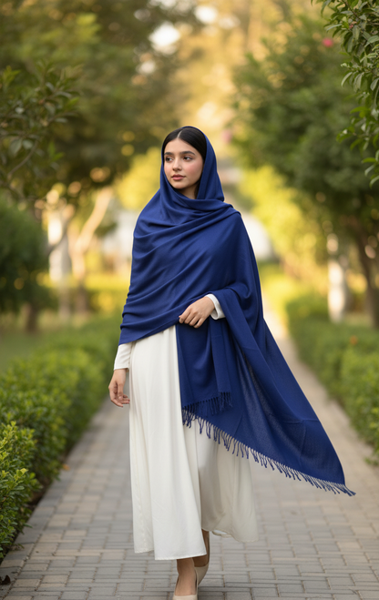 Luxury Royal Blue Pure Pashmina Wool Shawl/Stole with Fringed Edges UK | Pakistani Pashmi in UK | Pakistani Shawls & Stoles