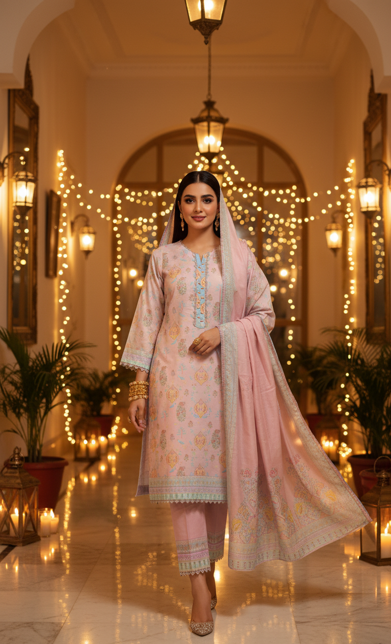 Ethereal Pale Pink Crepe Silk Suit with Lavender Dupatta - Embroidered Floral Design for Formal, Wedding & Party in UK | Pakistani Suits