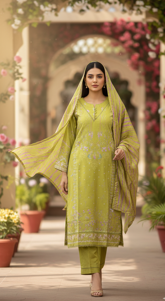 Vibrant Lime Green Crepe Silk Suit with Dupatta - Striped Print & Lace for Formal, Wedding & Party Wear in UK | Pakistani Suits