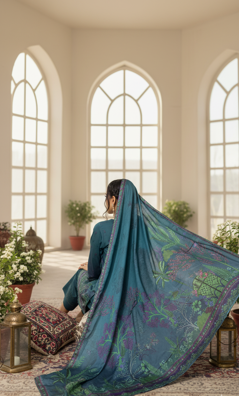 Luxurious Deep Teal Crepe Silk Suit with Dupatta - Embroidered Floral Print for Formal, Wedding & Party in UK | Pakistani Suits - Ibrahimis