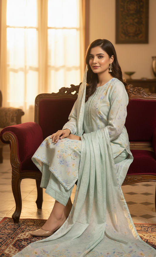 Ethereal Mint Green Crepe Silk Suit with Dupatta - Pastel Floral Print & Lace for Spring, Wedding & Party in UK | Pakistani Suits