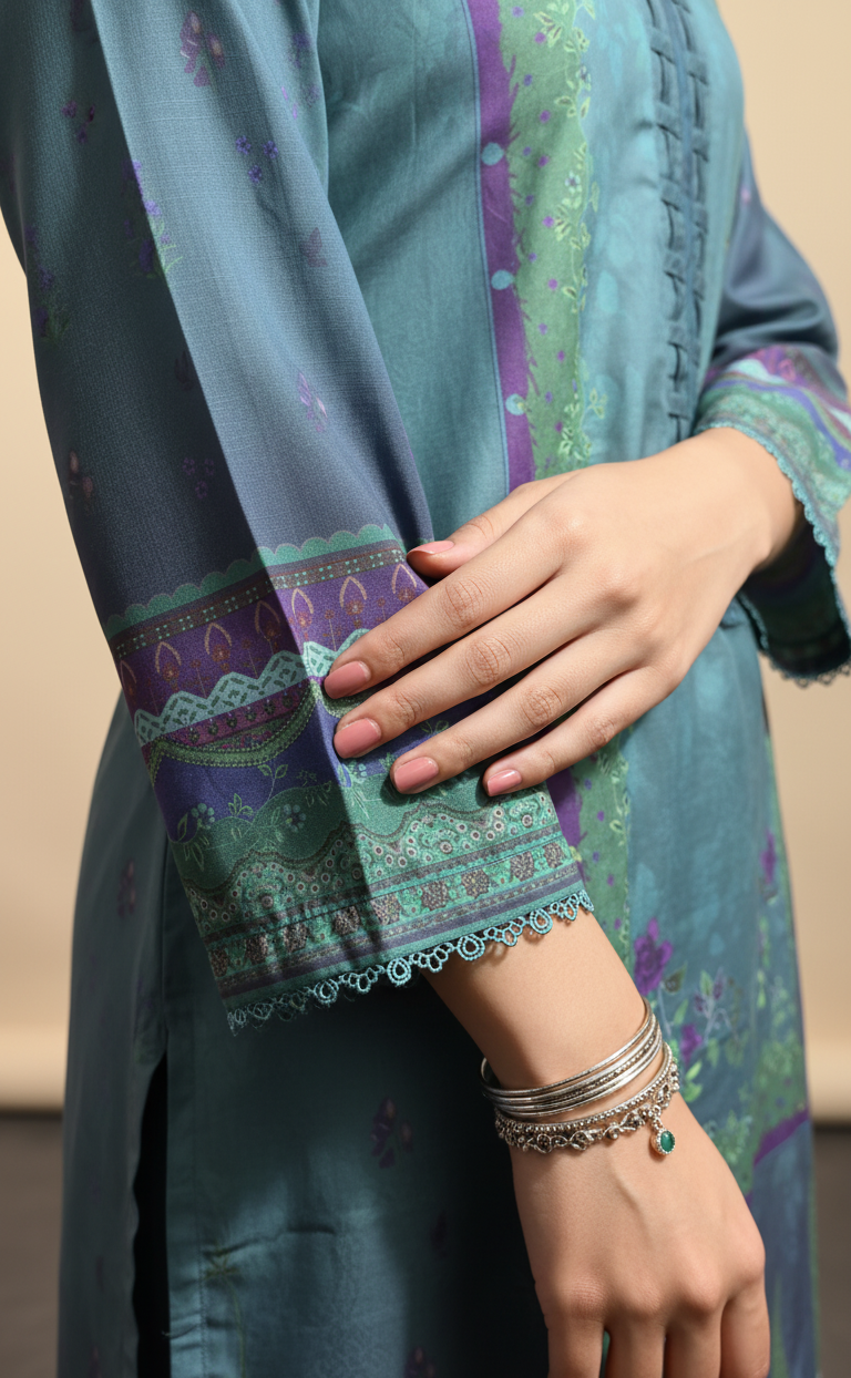 Luxurious Deep Teal Crepe Silk Suit with Dupatta - Embroidered Floral Print for Formal, Wedding & Party in UK | Pakistani Suits - Ibrahimis