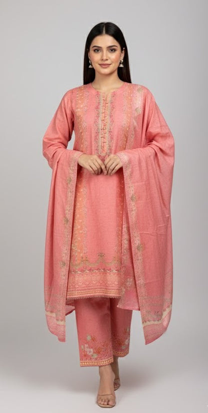 Elegant Coral Pink Crepe Silk Shalwar Kameez with Dupatta - Printed Formal Suit for Eid, Wedding & Party in UK | Pakistani Suits