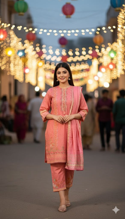 Elegant Coral Pink Crepe Silk Shalwar Kameez with Dupatta - Printed Formal Suit for Eid, Wedding & Party in UK | Pakistani Suits