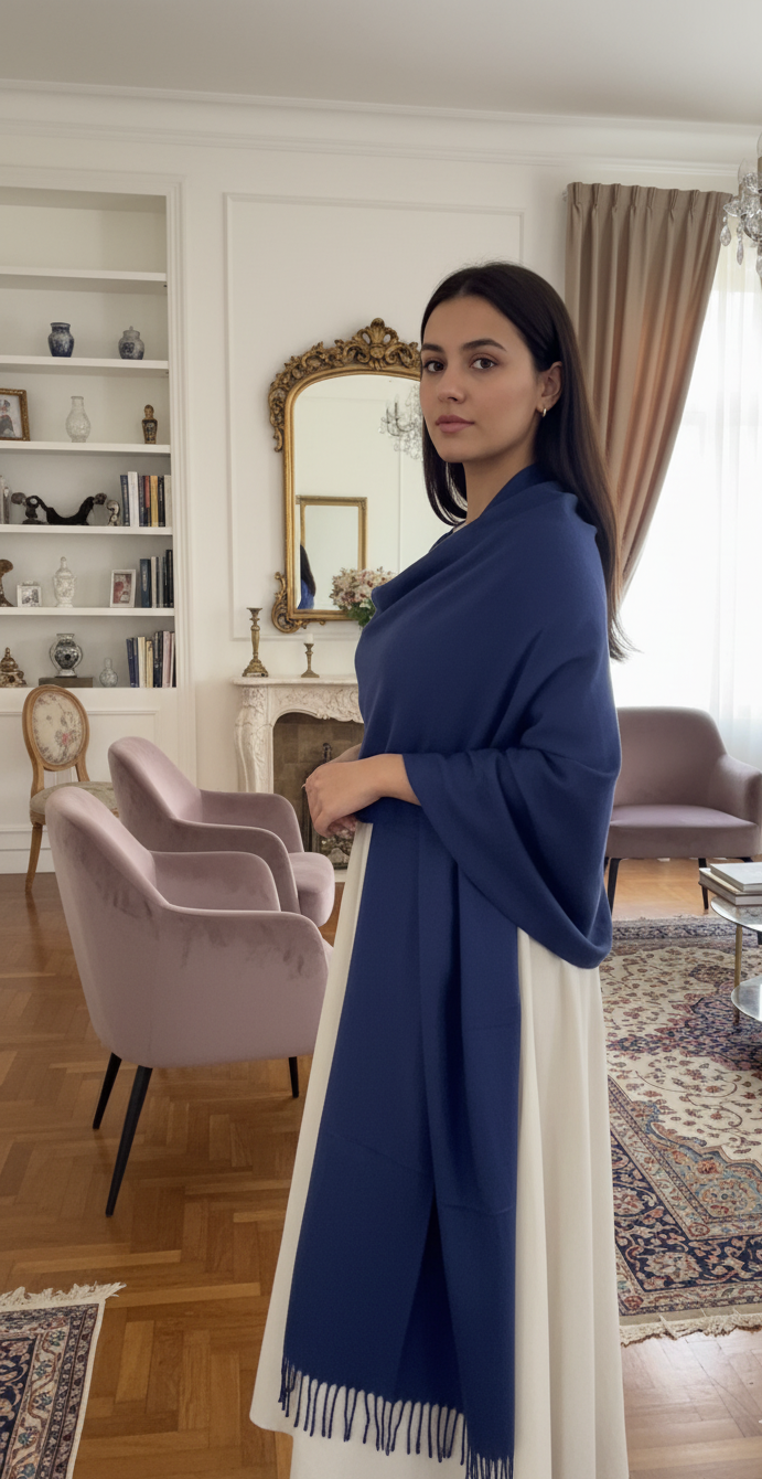 Luxury Royal Blue Pure Pashmina Wool Shawl/Stole with Fringed Edges UK | Pakistani Pashmi in UK | Pakistani Shawls & Stoles