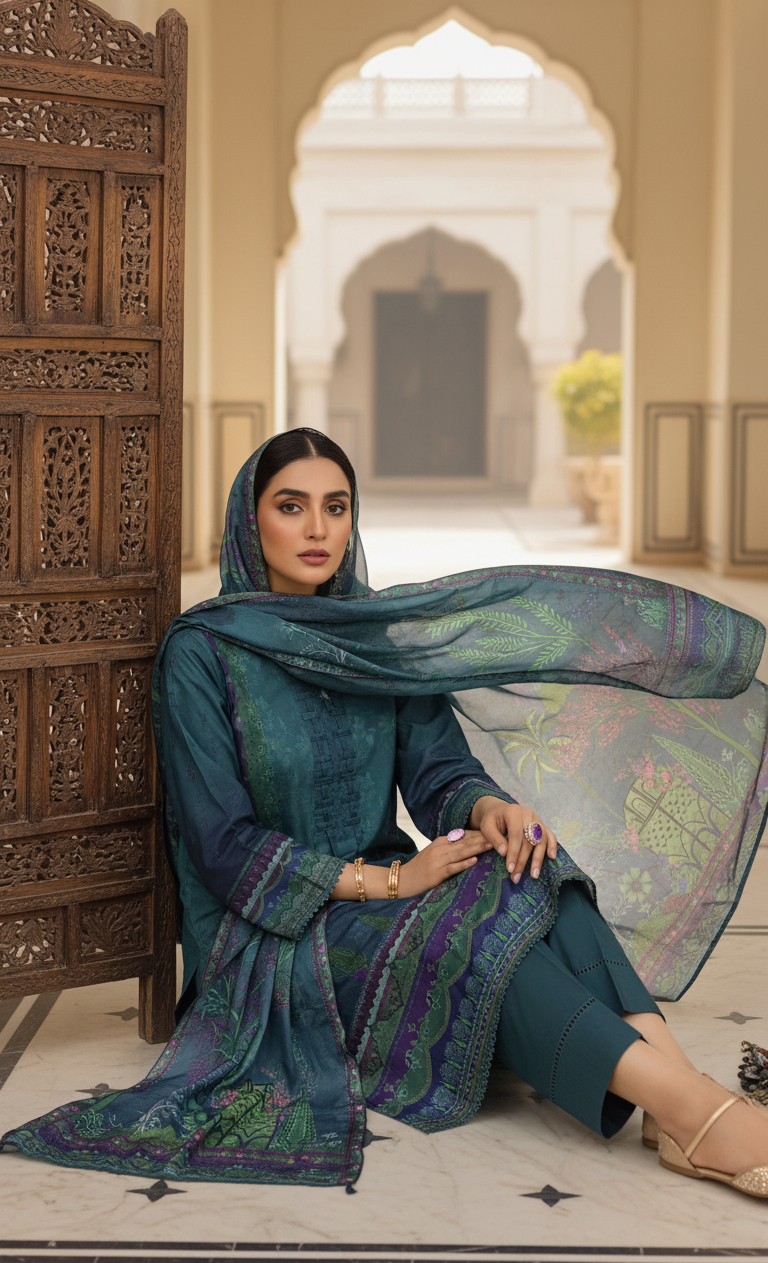 Luxurious Deep Teal Crepe Silk Suit with Dupatta - Embroidered Floral Print for Formal, Wedding & Party in UK | Pakistani Suits - Ibrahimis