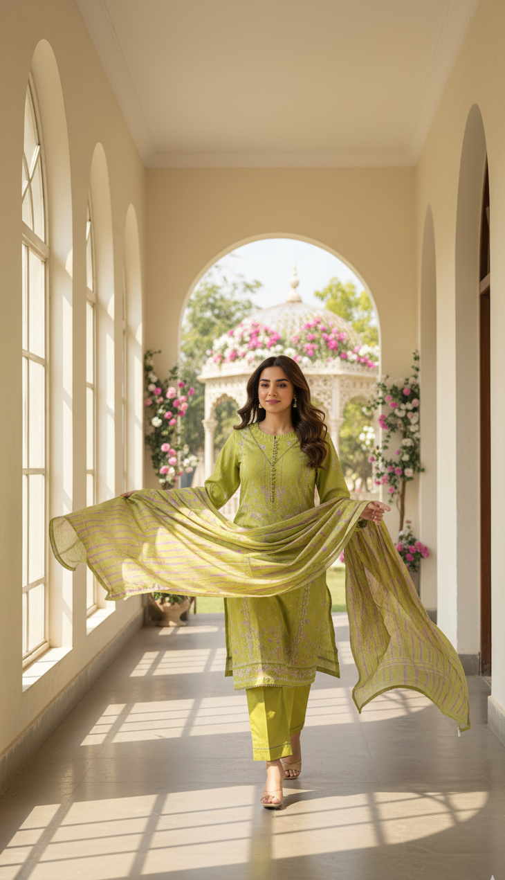 Vibrant Lime Green Crepe Silk Suit with Dupatta - Striped Print & Lace for Formal, Wedding & Party Wear in UK | Pakistani Suits