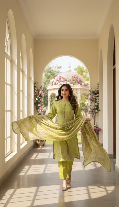 Vibrant Lime Green Crepe Silk Suit with Dupatta - Striped Print & Lace for Formal, Wedding & Party Wear in UK | Pakistani Suits