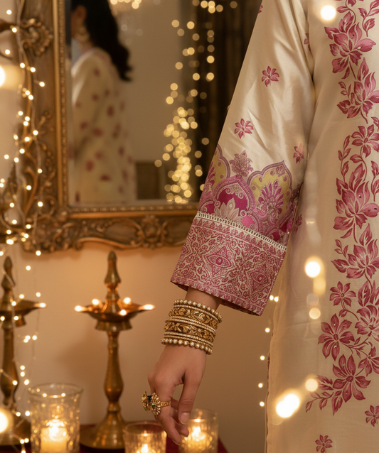 Pakistani Silk Shalwar Kameez Suit | Cream & Pink Printed Dupatta Set | Formal Party Wear UK | Pakistani Dresses