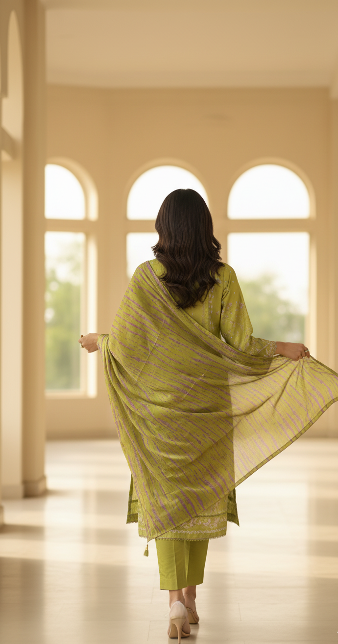 Vibrant Lime Green Crepe Silk Suit with Dupatta - Striped Print & Lace for Formal, Wedding & Party Wear in UK | Pakistani Suits