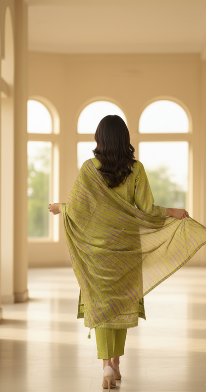 Vibrant Lime Green Crepe Silk Suit with Dupatta - Striped Print & Lace for Formal, Wedding & Party Wear in UK | Pakistani Suits