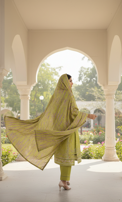 Vibrant Lime Green Crepe Silk Suit with Dupatta - Striped Print & Lace for Formal, Wedding & Party Wear in UK | Pakistani Suits