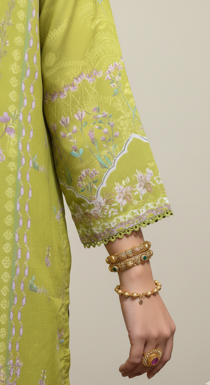 Vibrant Lime Green Crepe Silk Suit with Dupatta - Striped Print & Lace for Formal, Wedding & Party Wear in UK | Pakistani Suits