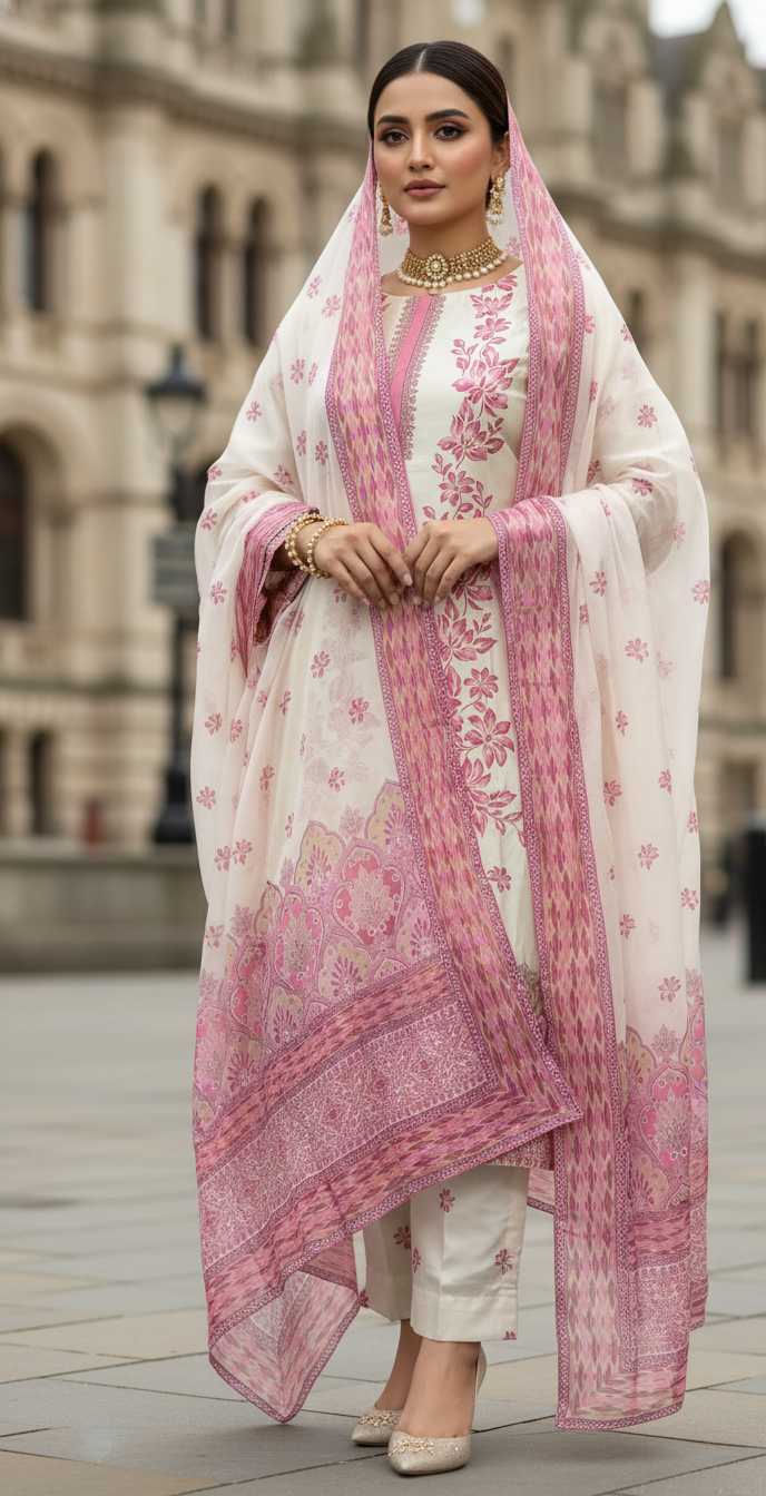 Pakistani Silk Shalwar Kameez Suit | Cream & Pink Printed Dupatta Set | Formal Party Wear UK | Pakistani Dresses