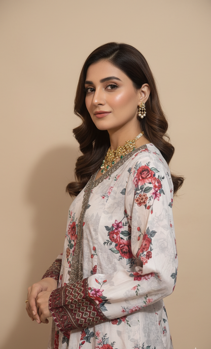 Elegant White Crepe Angrakha Frock with Dupatta - Embroidered Floral Suit for Wedding, Eid & Formal Party in UK | Pakistani Suits - Ibrahimis