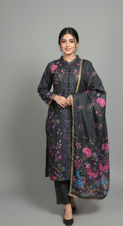 Striking Charcoal Black Crepe Silk Suit with Dupatta - Vibrant Floral Print & Lace for Formal, Party & Eid in UK | Pakistani Suits