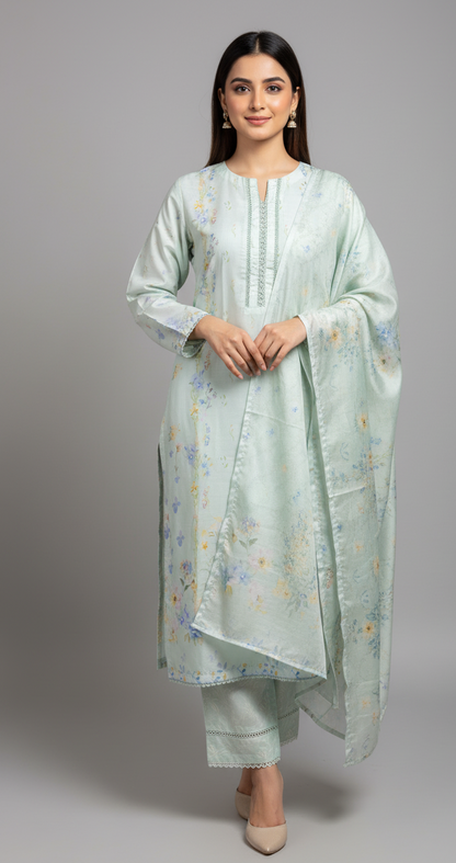 Ethereal Mint Green Crepe Silk Suit with Dupatta - Pastel Floral Print & Lace for Spring, Wedding & Party in UK | Pakistani Suits - Ibrahimis