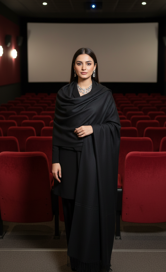 Classic Jet Black Pure Pashmina Wool Shawl | Hand-Woven Formal Stole in UK | Pakistani Shawls & Stoles