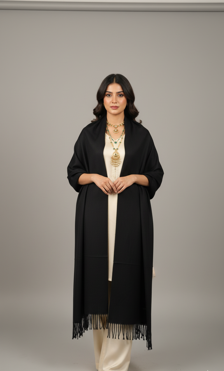 Classic Jet Black Pure Pashmina Wool Shawl | Hand-Woven Formal Stole in UK | Pakistani Shawls & Stoles
