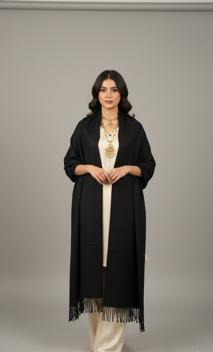 Classic Jet Black Pure Pashmina Wool Shawl | Hand-Woven Formal Stole in UK | Pakistani Shawls & Stoles