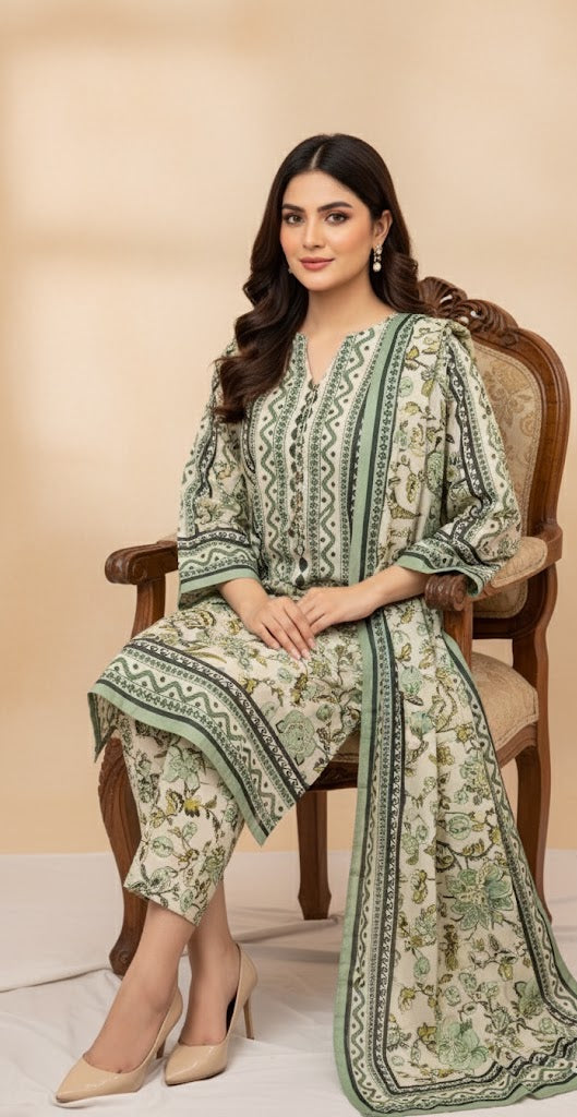 Elegant Cream & Olive Green Silk Co-ord Set UK - Printed Shalwar Kameez for Casual & Semi-Formal Wear in UK | Pakistani Suits